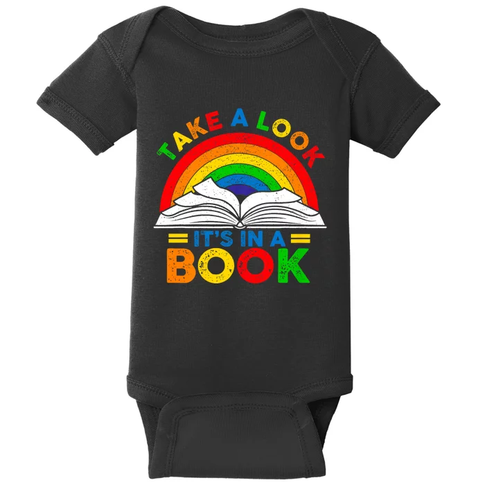 Take A Look Its In A Book Reading Bookworm Retro Rainbow Baby Bodysuit