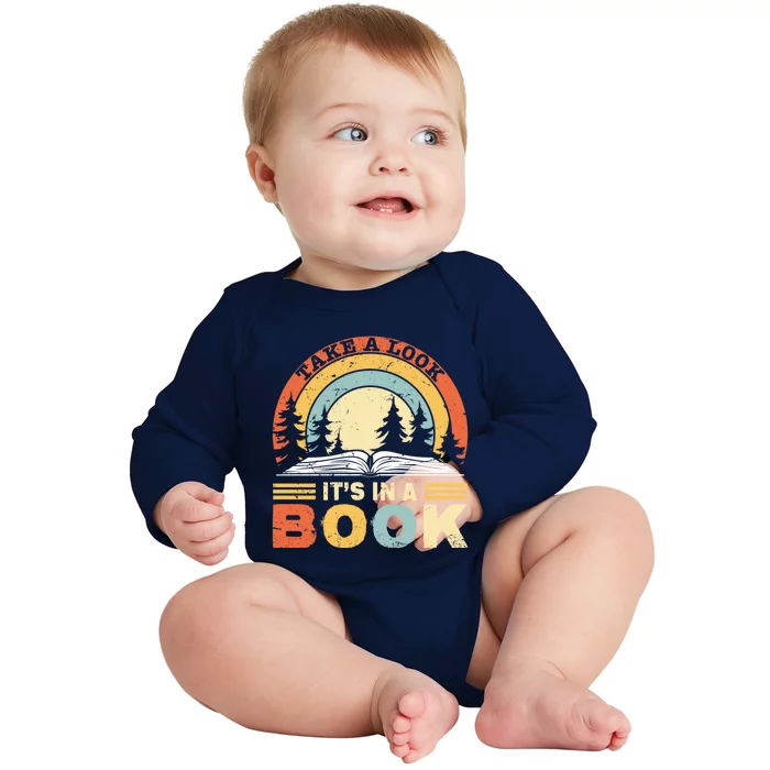 Take A Look ItS In A Book Reading Vintage Retro Rainbow Cute Gift Baby Long Sleeve Bodysuit