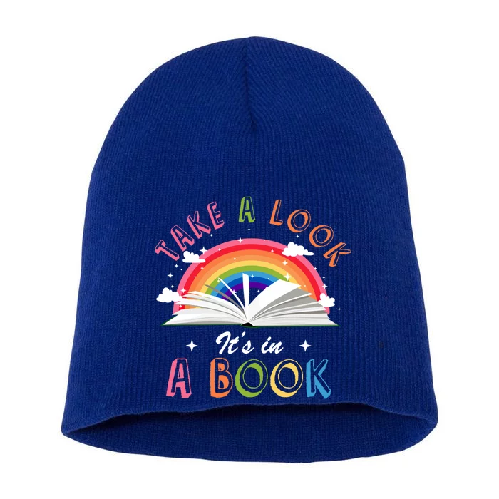 Take A Look Its In A Book Reading Vintage Retro Rainbow Cool Gift Short Acrylic Beanie