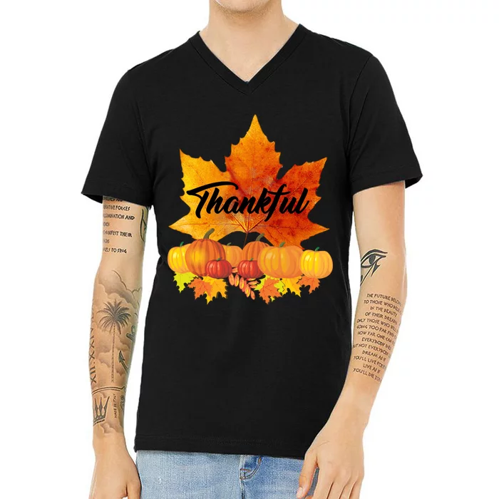 Thankful Autumn Leaves Thanksgiving Fall V-Neck T-Shirt