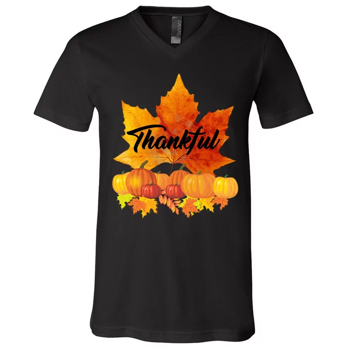 Thankful Autumn Leaves Thanksgiving Fall V-Neck T-Shirt