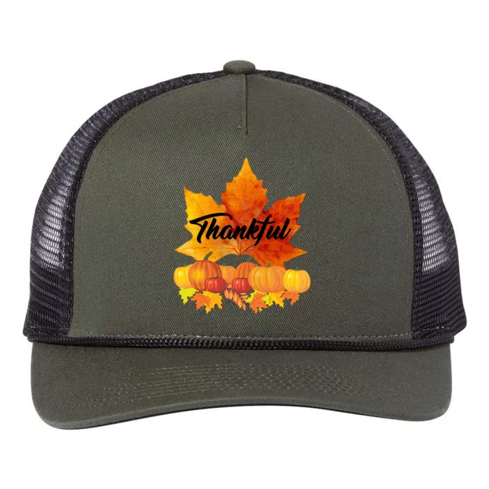 Thankful Autumn Leaves Thanksgiving Fall Retro Rope Trucker Hat Cap