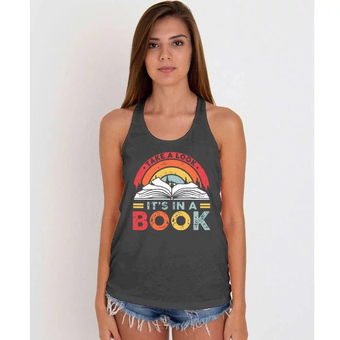 Take A Look Its In A Book Vintage Reading Bookworm Librarian Women's Knotted Racerback Tank