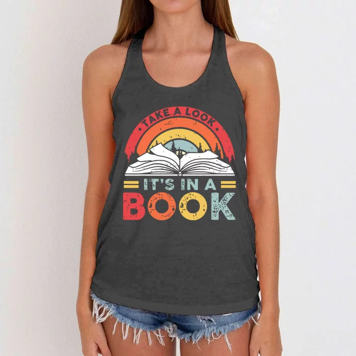 Take A Look Its In A Book Vintage Reading Bookworm Librarian Women's Knotted Racerback Tank