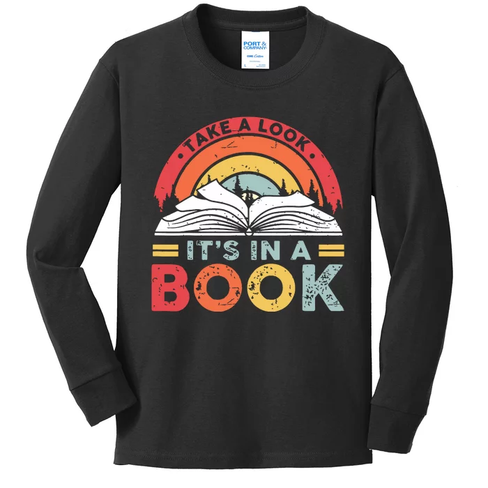 Take A Look Its In A Book Vintage Reading Bookworm Librarian Kids Long Sleeve Shirt