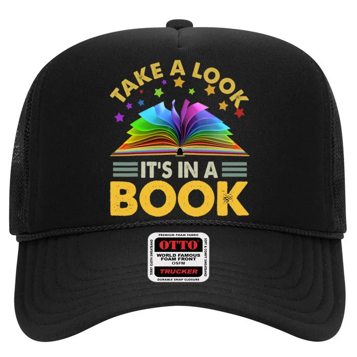 Take A Look Its In A Book Reading Retro Rainbow Vintage High Crown Mesh Trucker Hat