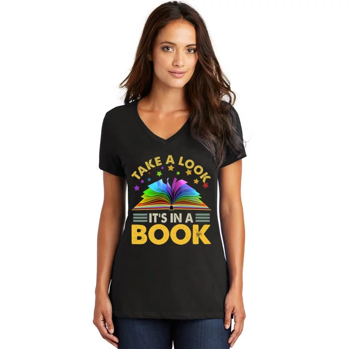 Take A Look Its In A Book Reading Retro Rainbow Vintage Women's V-Neck T-Shirt