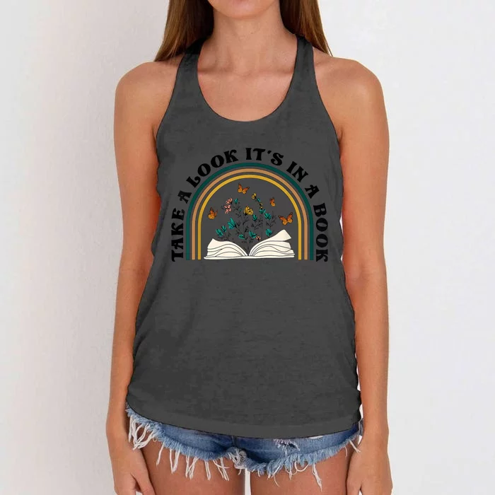 Take A Look Its In A Book Vintage Reading Bookworm Librarian Women's Knotted Racerback Tank