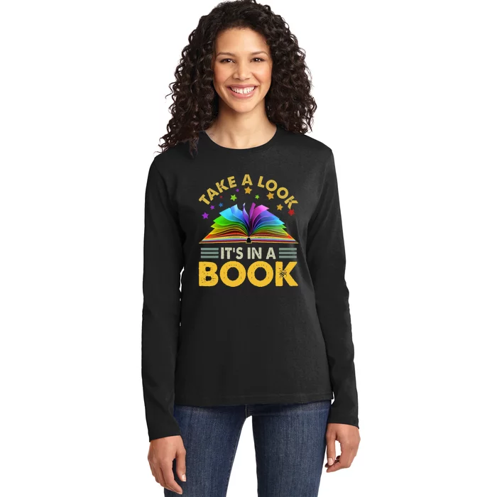 Take A Look It's In A Book Reading Retro Rainbow Vintage Ladies Long Sleeve Shirt