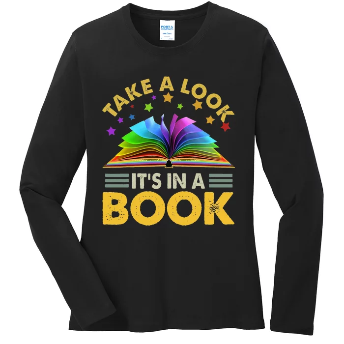 Take A Look It's In A Book Reading Retro Rainbow Vintage Ladies Long Sleeve Shirt