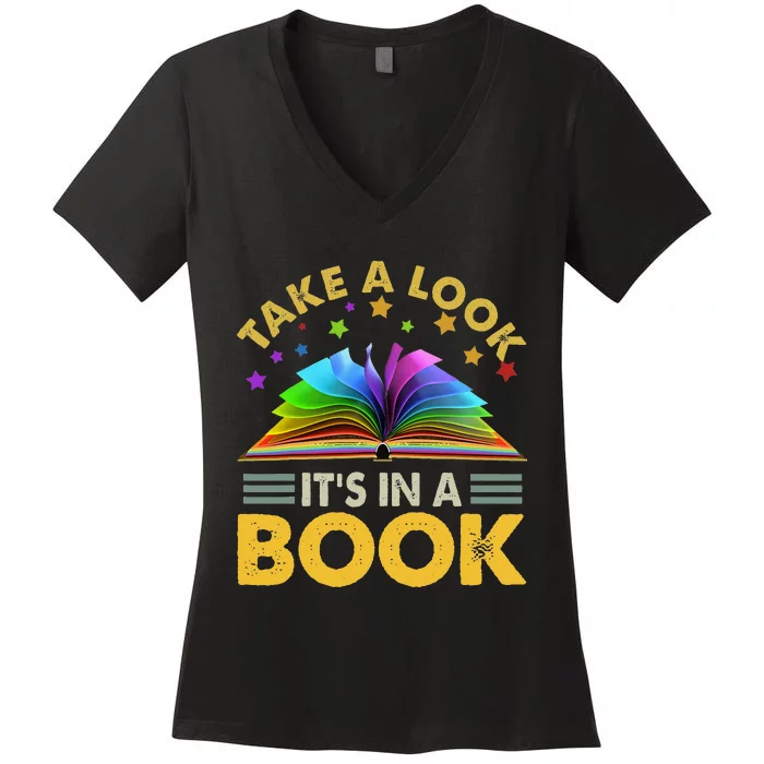 Take A Look It's In A Book Reading Retro Rainbow Vintage Women's V-Neck T-Shirt