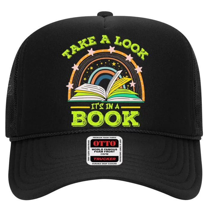 Take A Look Its In A Book Reading Vintage Retro Rainbow Book High Crown Mesh Trucker Hat