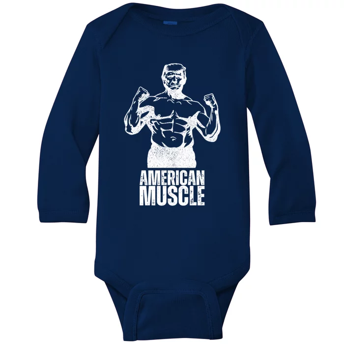 Trump American Muscle Funny Tds Vintage Workout Gym Patriot Gift Baby Long Sleeve Bodysuit