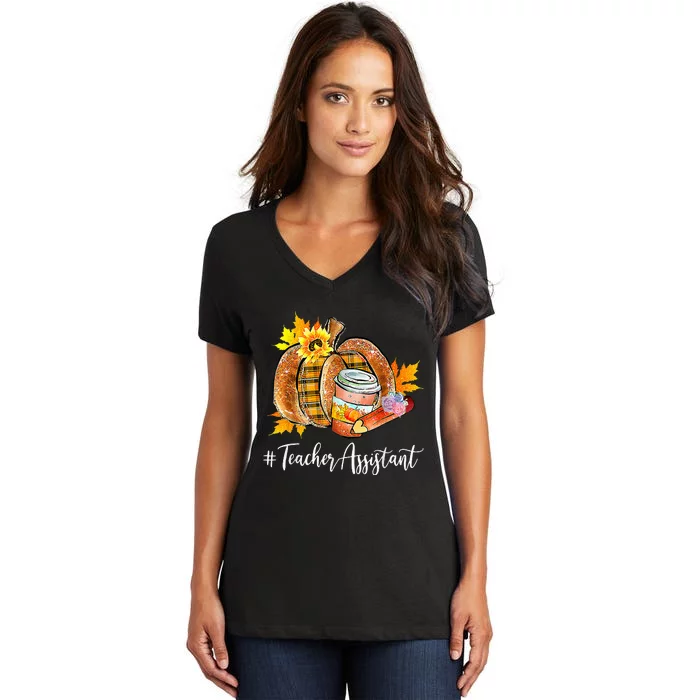 Teacher Assistant Pumpkin Latte Fall Autumn Thanksgiving Women's V-Neck T-Shirt