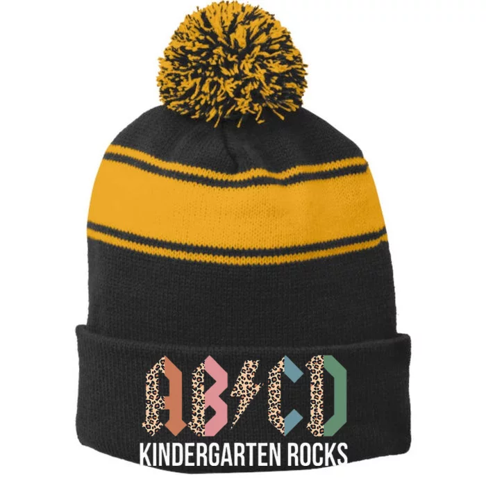 Teachers ABCD Rock Kindergarten Rocks Leopard Back To School Stripe Pom Pom Beanie