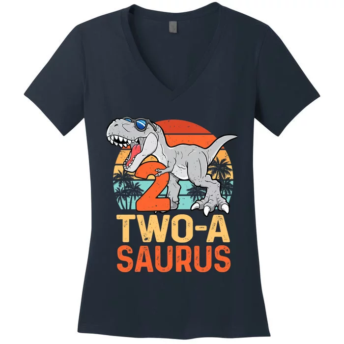 Two A Saurus Rex 2nd Birthday Dinosaur 2 Year Old Boy Women's V-Neck T-Shirt