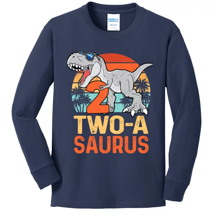 Two A Saurus Rex 2nd Birthday Dinosaur 2 Year Old Boy Kids Long Sleeve Shirt