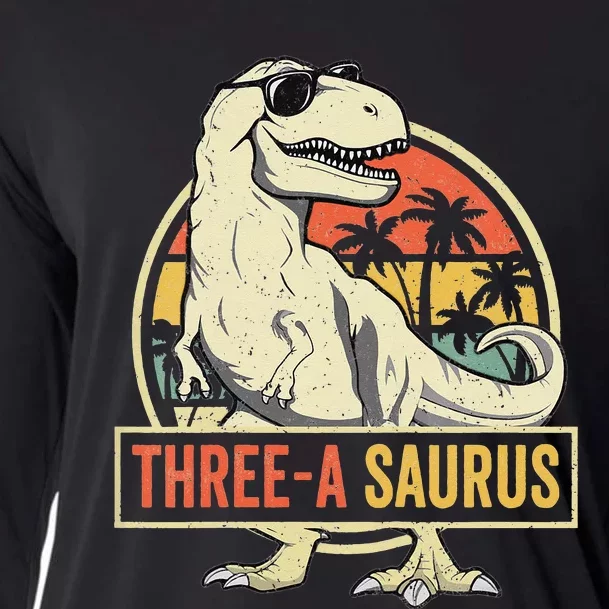 Three a Saurus Birthday T Rex 3 Year Old Dino 3rd Dinosaur Cooling Performance Long Sleeve Crew