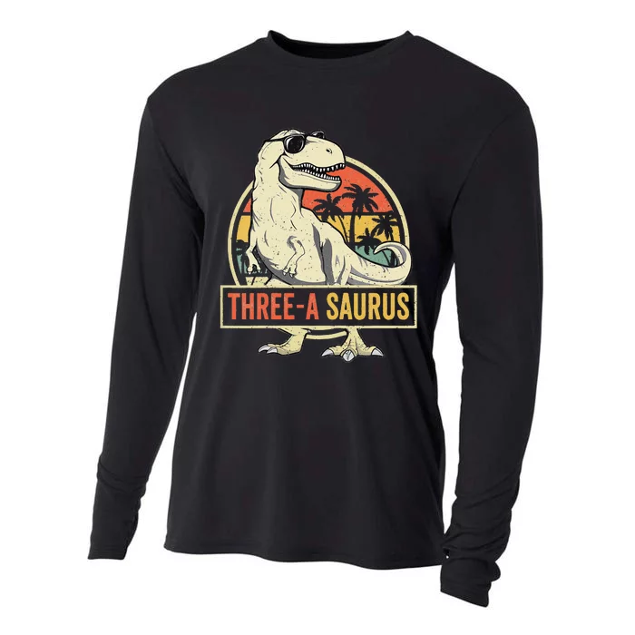 Three a Saurus Birthday T Rex 3 Year Old Dino 3rd Dinosaur Cooling Performance Long Sleeve Crew