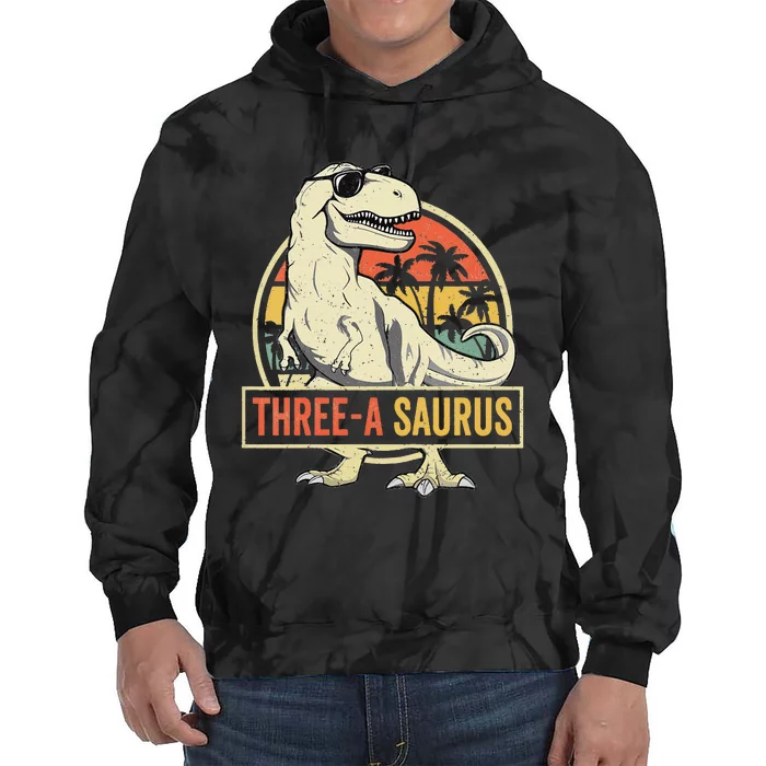 Three a Saurus Birthday T Rex 3 Year Old Dino 3rd Dinosaur Tie Dye Hoodie