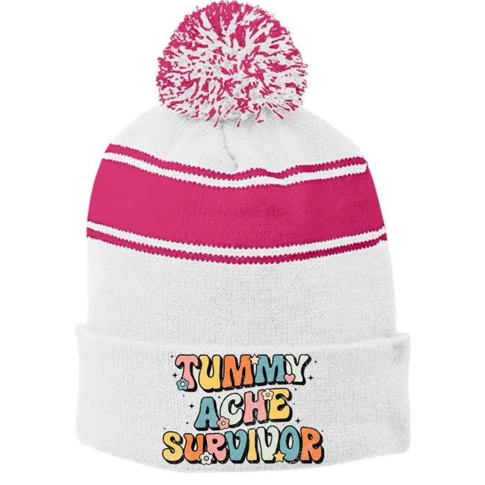 Tummy Ache Survivor Stomach Ache Vintage Stripe Pom Pom Beanie