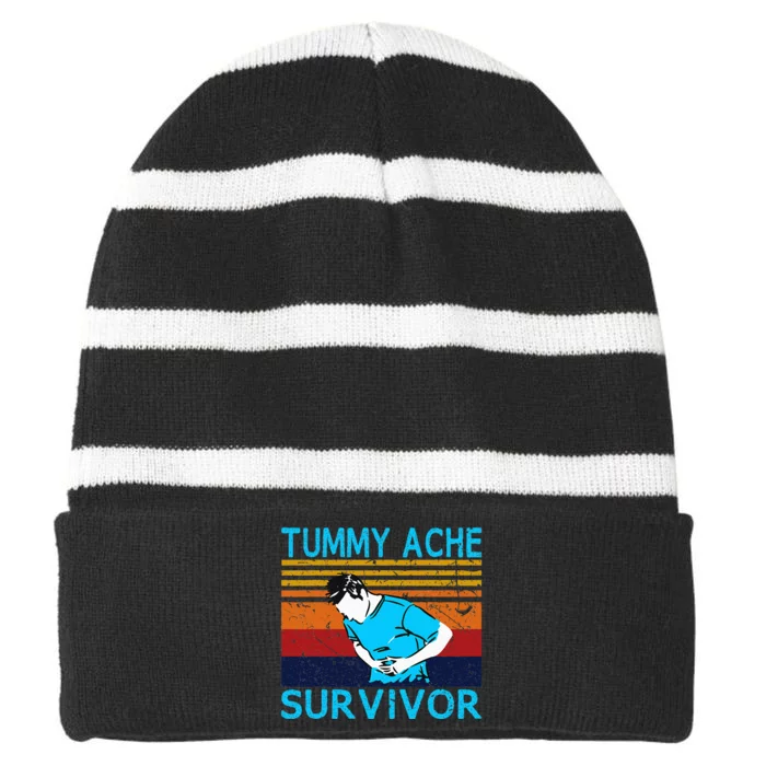 Tummy Ache Survivor Vintage Retro Sunset Stomach Hurts Memes Striped Beanie with Solid Band