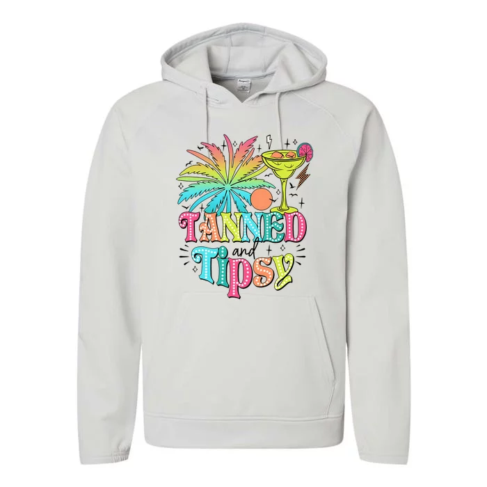 Tanned And Tipsy Funny Summer Quotes Performance Fleece Hoodie