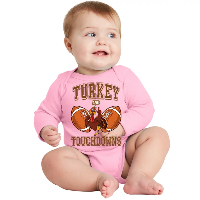 Turkey And Touchdowns Thanksgiving Football Baby Long Sleeve Bodysuit