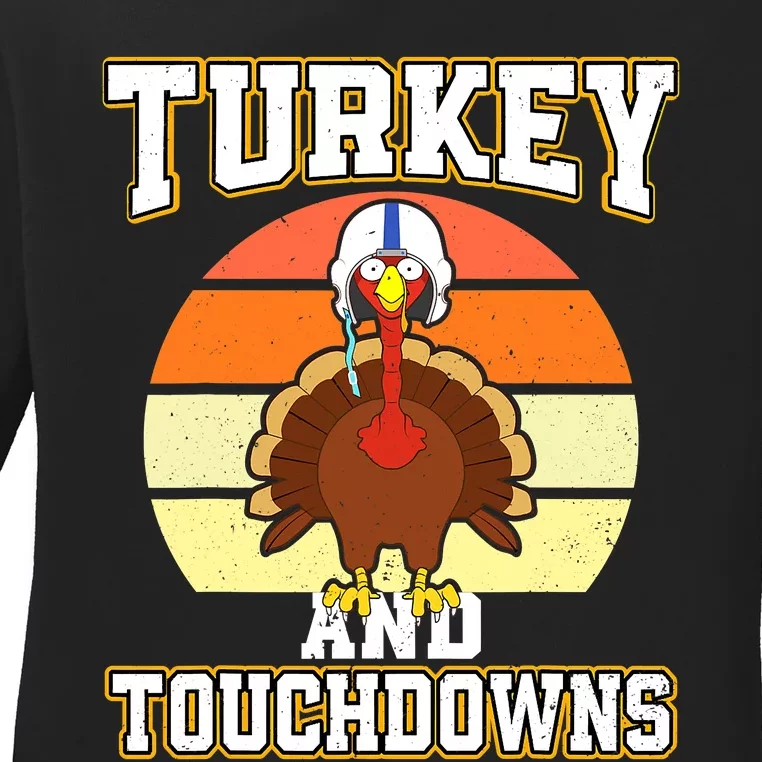 Turkey and Touchdowns Funny Thanksgiving Football Boys Ladies Long Sleeve Shirt