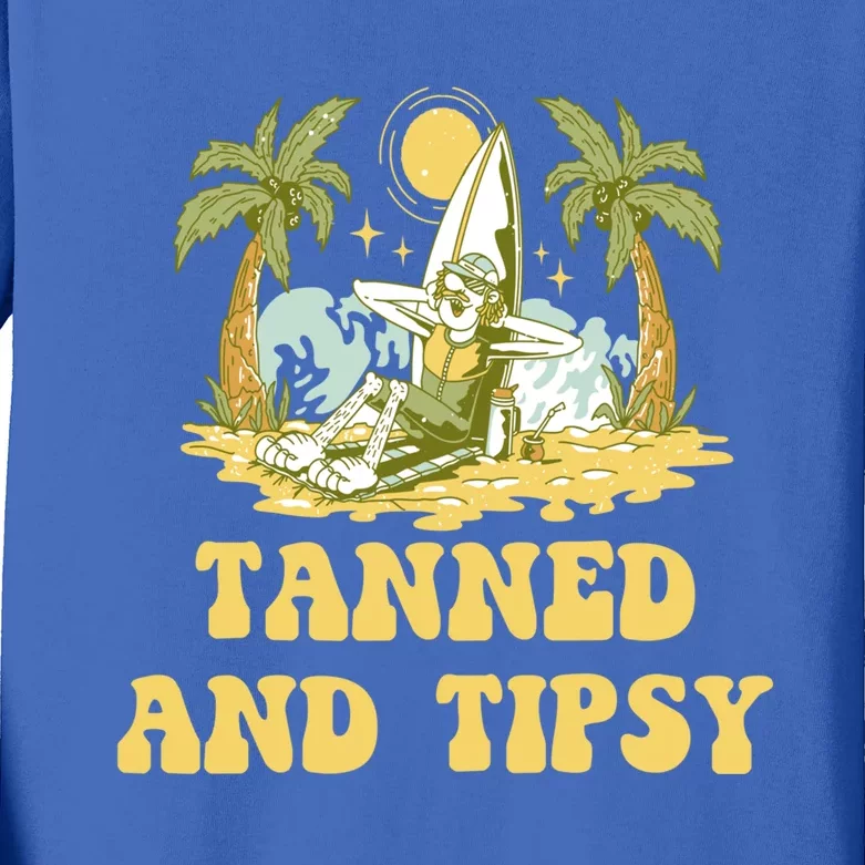 Tanned And Tipsy Beach Beer Lover Ocean Er Sunbathing Gift Kids Long Sleeve Shirt