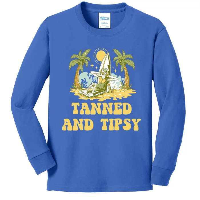 Tanned And Tipsy Beach Beer Lover Ocean Er Sunbathing Gift Kids Long Sleeve Shirt