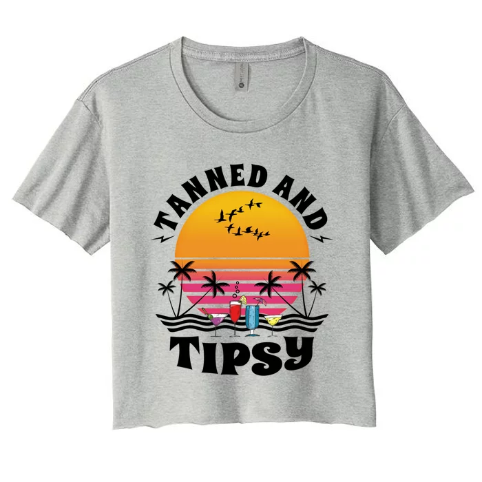 Tanned And Tipsy Beach Ing Retro Sunset Summer Vacation Cute Gift Women's Crop Top Tee