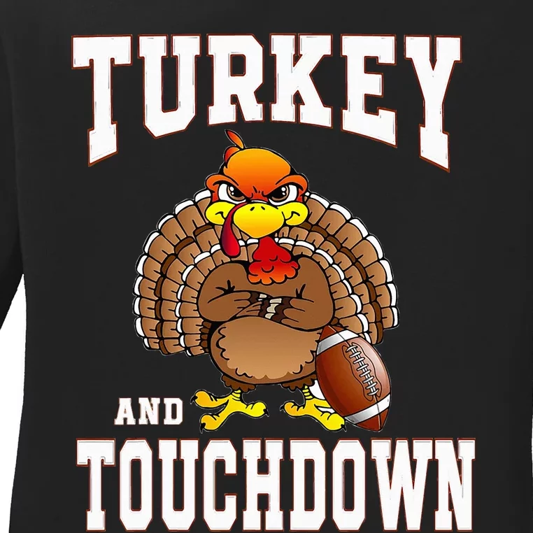 Turkey And Touchdowns Football Retro Thanksgiving Ladies Long Sleeve Shirt