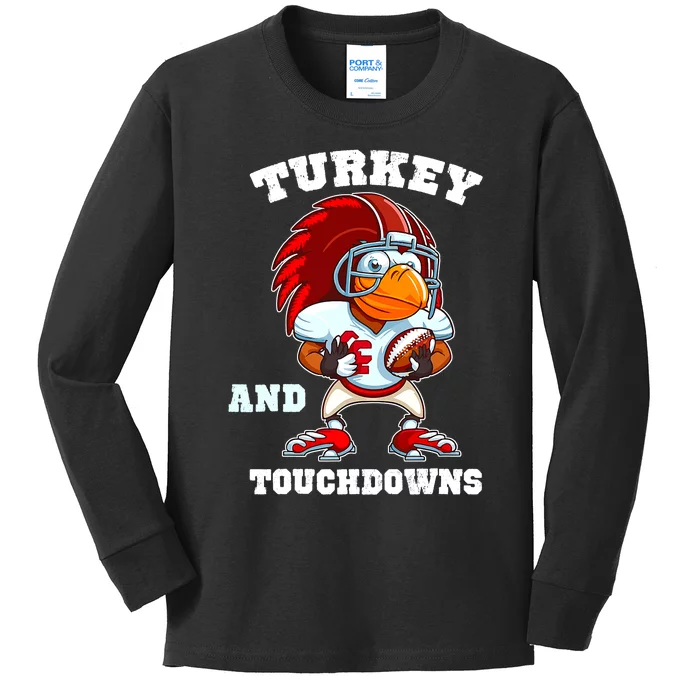 Turkey And Touchdowns Football Thanksgiving Funny Kids Long Sleeve Shirt