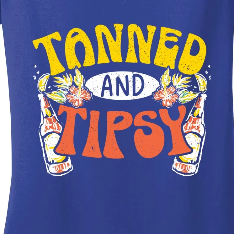 Tanned And Tipsy Sunset Summertime Beach Vacation Summer Gift Women's V-Neck T-Shirt