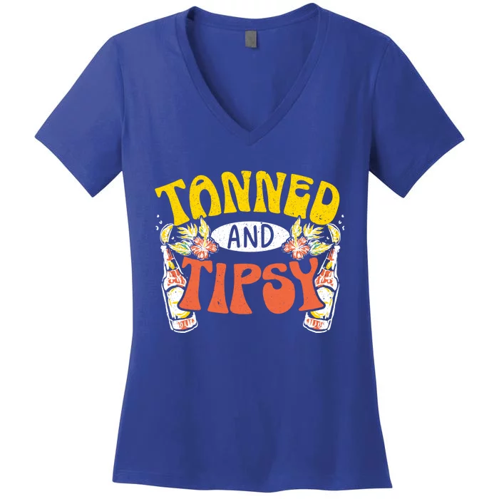 Tanned And Tipsy Sunset Summertime Beach Vacation Summer Gift Women's V-Neck T-Shirt