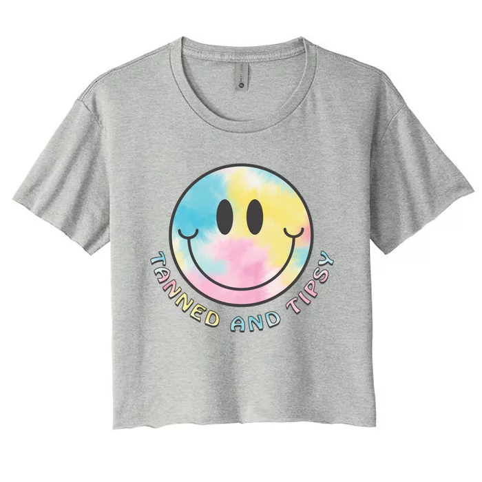 Tanned And Tipsy Tie Dye Happy Face Beach Smile Face Summer Funny Gift Women's Crop Top Tee