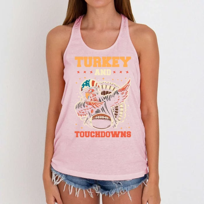 Turkey And Touchdowns Funny Football Turkey Thanksgiving Gift Women's Knotted Racerback Tank