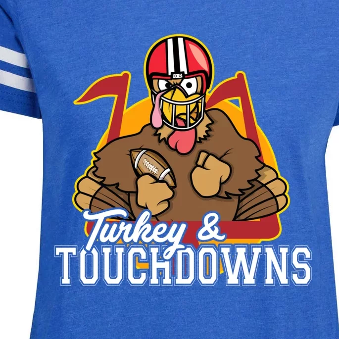 Turkey and Touchdowns Funny Thanksgiving Football Enza Ladies Jersey Football T-Shirt