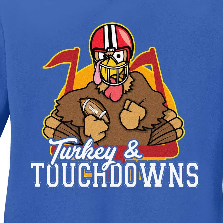 Turkey And Touchdowns Funny Thanksgiving Football Cute Gift Ladies Long Sleeve Shirt