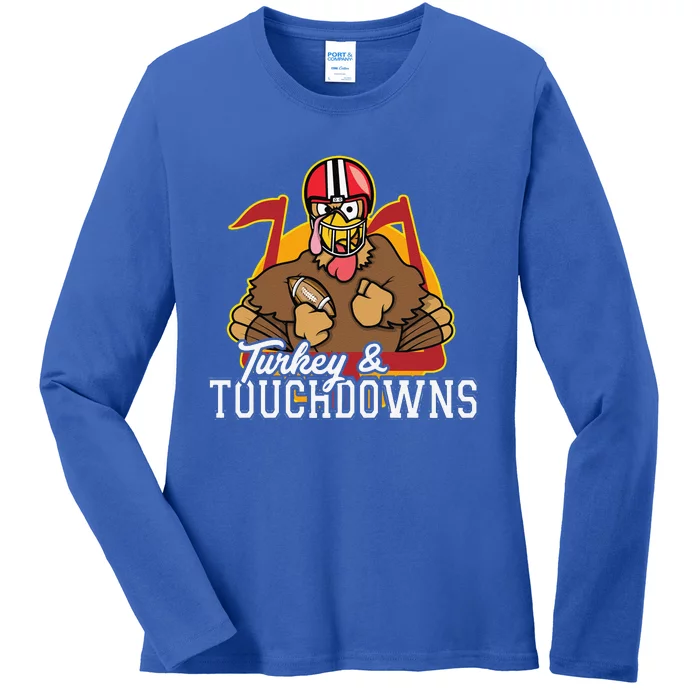 Turkey And Touchdowns Funny Thanksgiving Football Cute Gift Ladies Long Sleeve Shirt