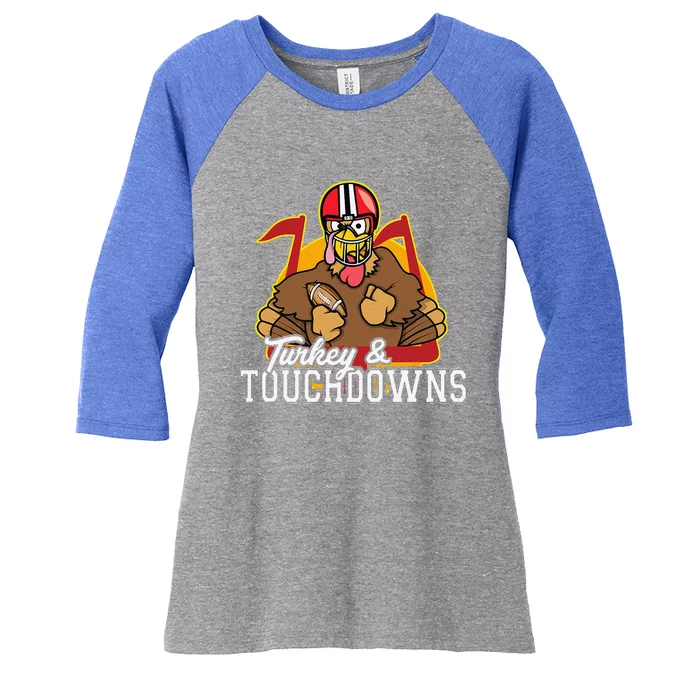 Turkey And Touchdowns Funny Thanksgiving Football Gift Women's Tri-Blend 3/4-Sleeve Raglan Shirt