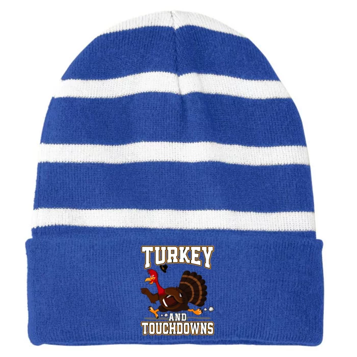 Turkey And Touchdowns Thanksgiving American Football Gift Striped Beanie with Solid Band