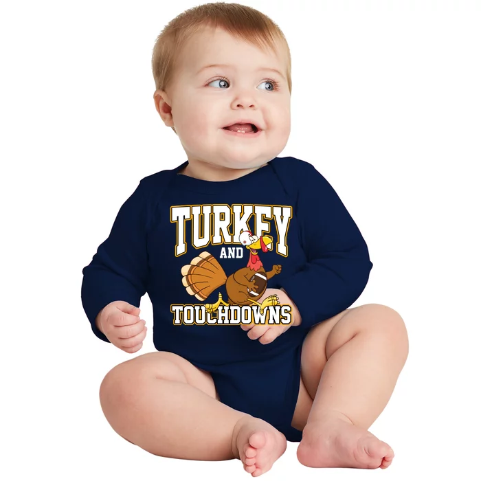 Turkey And Touchdowns Thanksgiving Football Baby Long Sleeve Bodysuit