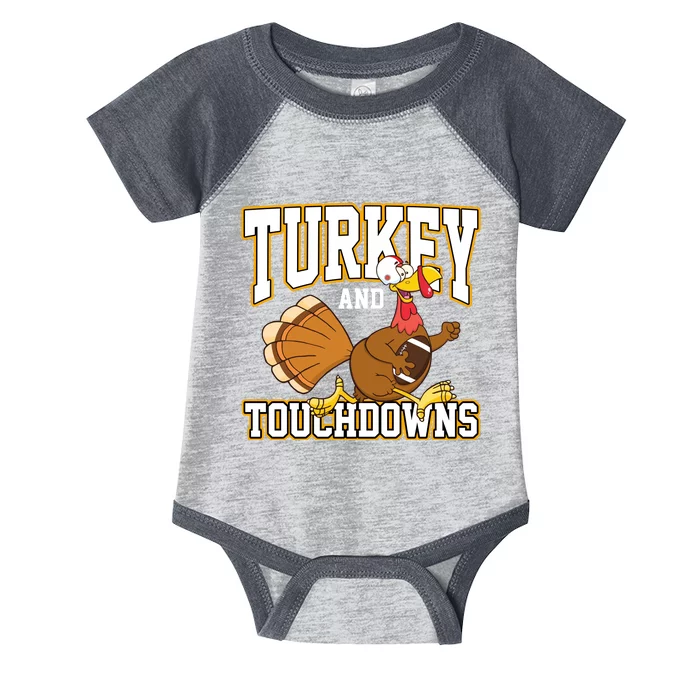 Turkey And Touchdowns Thanksgiving Football Infant Baby Jersey Bodysuit