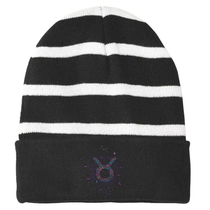 Taurus Floral Zodiac Striped Beanie with Solid Band