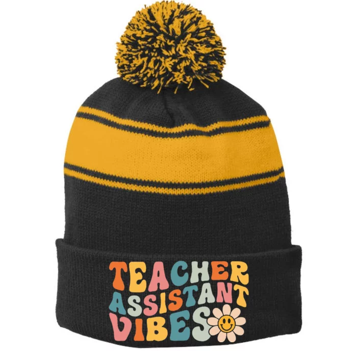 Teacher Assistant Vibes School Teacher Assistant Stripe Pom Pom Beanie