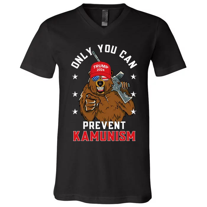 Trump Bearmaga 2024 Only You Can Prevent Kamunism V-Neck T-Shirt