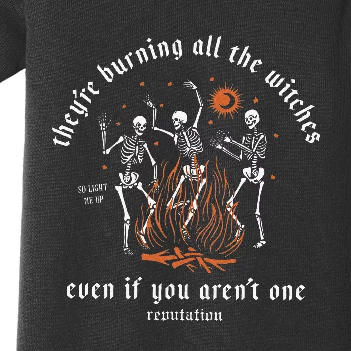 TheyRe Burning All The Witches Halloween Skeleton Dancing Baby Bodysuit