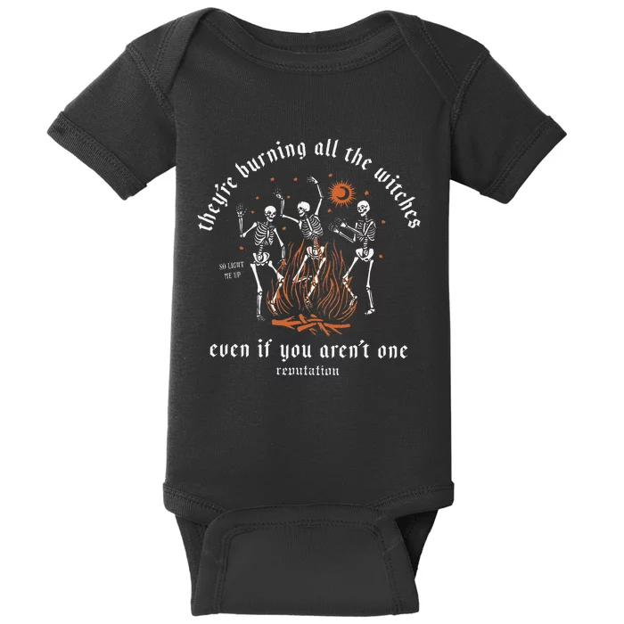 TheyRe Burning All The Witches Halloween Skeleton Dancing Baby Bodysuit